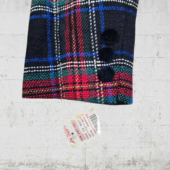 90s Vintage Black Red Stewart Tartan Plaid Velvet Trim V Neck Blazer Size 4 - Picture 8 of 10